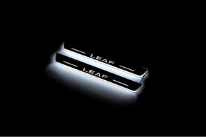 Illuminated LED Door Sill Tread Plates Nissan Leaf II 2017+ With Leaf Logo Nissan Led Door Sills opdesign