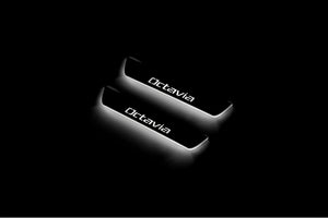 Illuminated LED Door Sill Tread Plates Skoda Octavia II (A5) 2004-2013 With Octavia Logo Skoda Led Door Sills opdesign