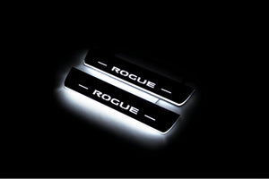 Illuminated LED Door Sill Tread Plates Nissan Rogue II 2014-2020 With Rogue Logo Nissan Led Door Sills opdesign