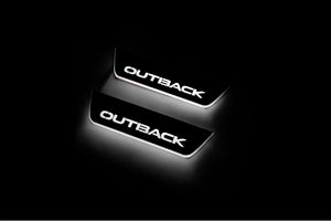 Illuminated LED Door Sill Tread Plates Subaru Outback VI 2019+ With Outback Logo Subaru Led Door Sills opdesign