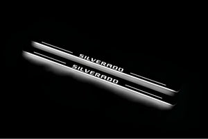 Illuminated LED Door Sill Tread Plates Chevrolet Silverado III 2014-2019 With Silverado Logo Chevrolet Led Door Sills opdesign