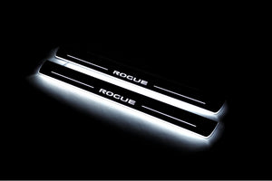 Illuminated LED Door Sill Tread Plates Nissan Rogue II 2014-2020 With Rogue Logo Nissan Led Door Sills opdesign