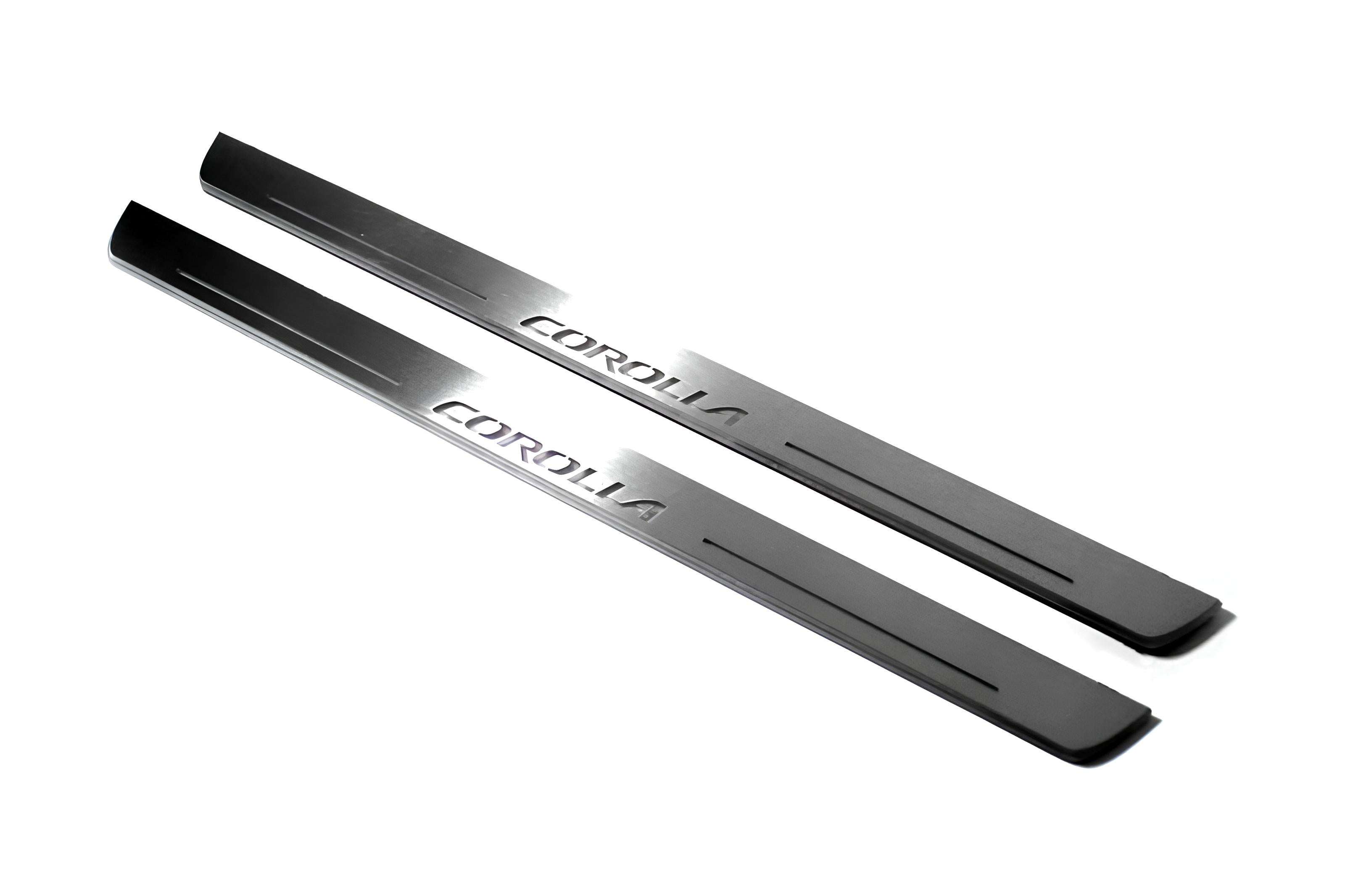 Illuminated LED Door Sill Tread Plates Toyota Corolla XI 2013-2019 With Corolla Logo Toyota Led Door Sills opdesign