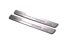 Illuminated LED Door Sill Tread Plates Jeep Grand Cherokee IV 2010-2021 With TrackHawk Supercharged Logo Jeep Led Door Sills opdesign