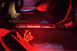 Illuminated LED Door Sill Tread Plates Dodge Challenger 2008-2023 With Challenger Logo Dodge Led Door Sills opdesign