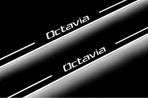 Illuminated LED Door Sill Tread Plates Skoda Octavia II (A5) 2004-2013 With Octavia Logo Skoda Led Door Sills opdesign