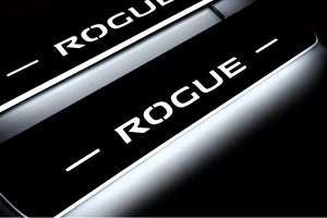 Illuminated LED Door Sill Tread Plates Nissan Rogue II 2014-2020 With Rogue Logo Nissan Led Door Sills opdesign