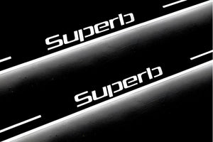 Illuminated LED Door Sill Tread Plates Skoda SuperB II 2008-2015 With SuperB Logo Skoda Led Door Sills opdesign