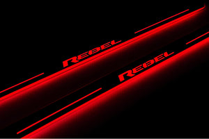 Illuminated LED Door Sill Tread Plates Dodge RAM 2500 V 2019+ With REBEL Logo Dodge Led Door Sills opdesign