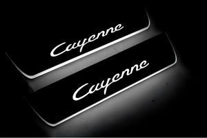 Illuminated LED Door Sill Tread Plates Porsche Cayenne II 2010-2017 With Cayenne Logo Porsche Led Door Sills opdesign