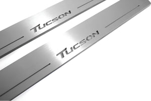 Illuminated LED Door Sill Tread Plates Hyundai Tucson II 2015-2020 With Tucson Logo Hyundai Led Door Sills opdesign