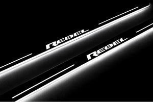 Illuminated LED Door Sill Tread Plates Dodge RAM 2500 V 2019+ With REBEL Logo Dodge Led Door Sills opdesign