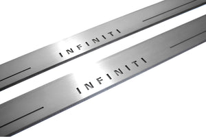 Illuminated LED Door Sill Tread Plates Infiniti Q60 2016+ With Infiniti Logo Infiniti Led Door Sills opdesign