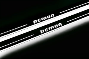Illuminated LED Door Sill Tread Plates Dodge Challenger 2008-2023 With DEMON Logo Dodge Led Door Sills opdesign