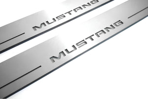 Illuminated LED Door Sill Tread Plates Ford Mustang VI 2015-2023 With Mustang Logo Ford Led Door Sills opdesign