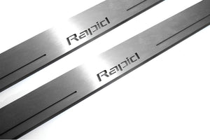 Illuminated LED Door Sill Tread Plates Skoda Rapid 2012+ With Rapid Logo Skoda Led Door Sills opdesign