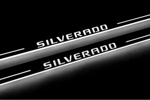 Illuminated LED Door Sill Tread Plates Chevrolet Silverado III 2014-2019 With Silverado Logo Chevrolet Led Door Sills opdesign
