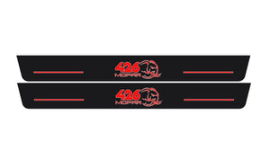 Illuminated LED Door Sill Tread Plates Dodge Charger 2011-2023 With 426 Mopar Hellephant Logo Dodge Led Door Sills opdesign RED FRONT STAINLESS STEEL+RAPTOR PROTECTION