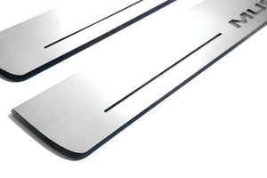 Illuminated LED Door Sill Tread Plates Ford Mustang VI 2015-2023 With Mustang Logo Ford Led Door Sills opdesign