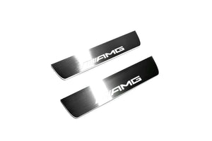 Illuminated LED Door Sill Tread Plates Mercedes E W211 2002-2009 With AMG Logo Mercedes Led Door Sills opdesign