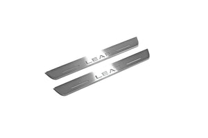 Illuminated LED Door Sill Tread Plates Nissan Leaf II 2017+ With Leaf Logo Nissan Led Door Sills opdesign