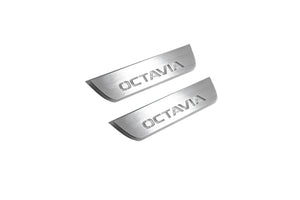 Illuminated LED Door Sill Tread Plates Skoda Octavia IV (A8) 2020+ With Octavia Logo Skoda Led Door Sills opdesign