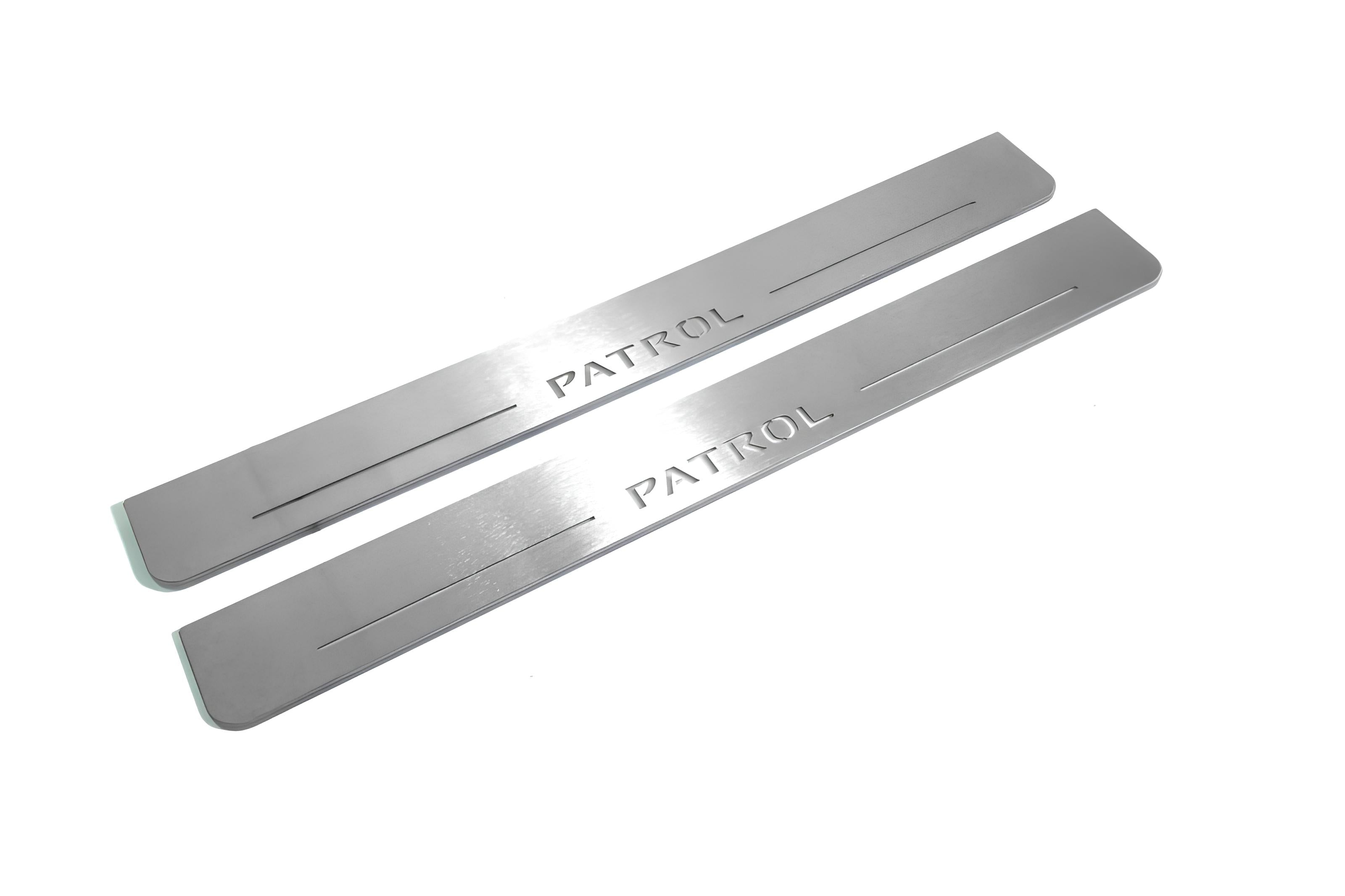 Illuminated LED Door Sill Tread Plates Nissan Patrol Y62 2010+ With Patrol Logo Nissan Led Door Sills opdesign