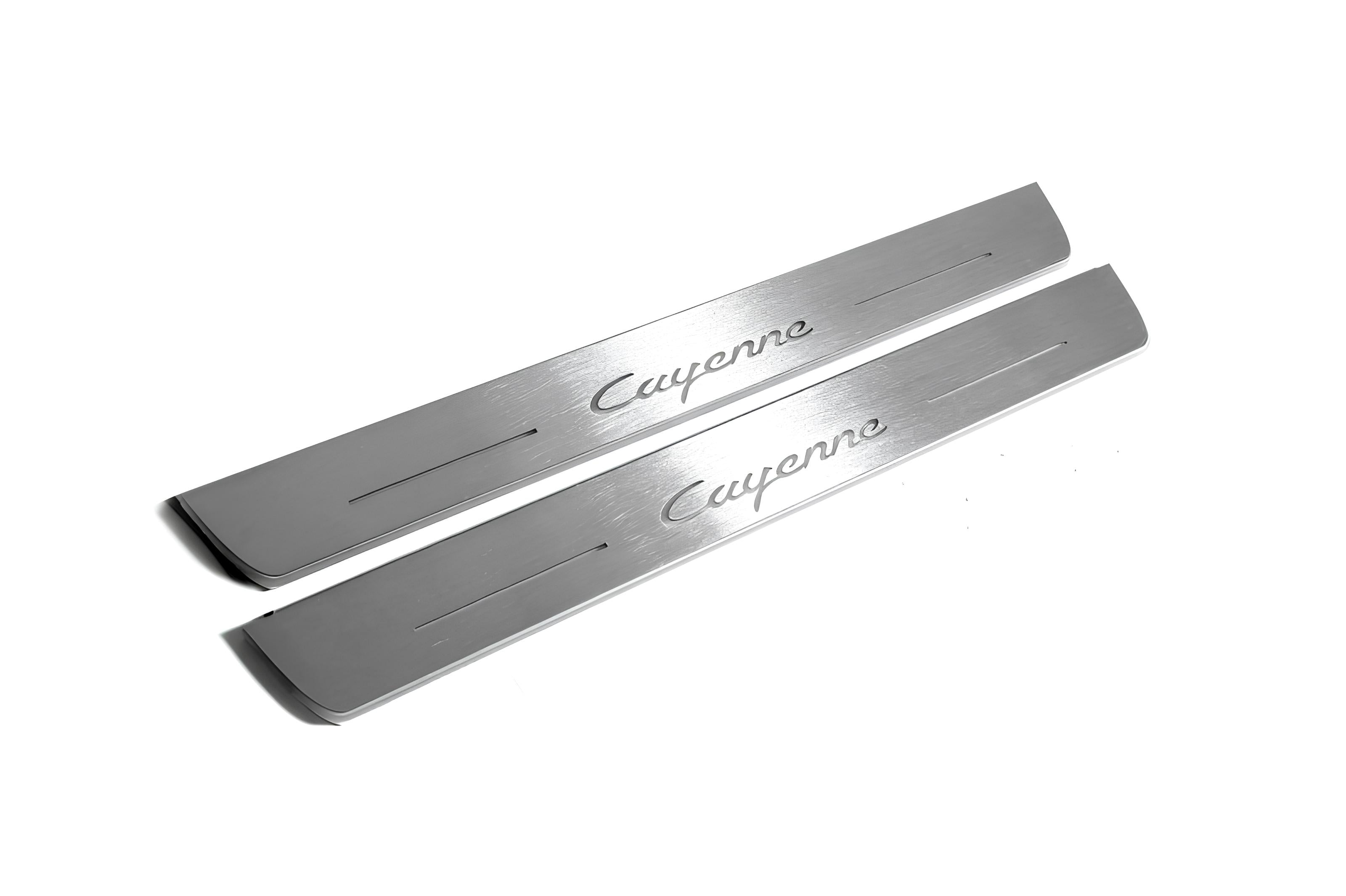 Illuminated LED Door Sill Tread Plates Porsche Cayenne II 2010-2017 With Cayenne Logo Porsche Led Door Sills opdesign