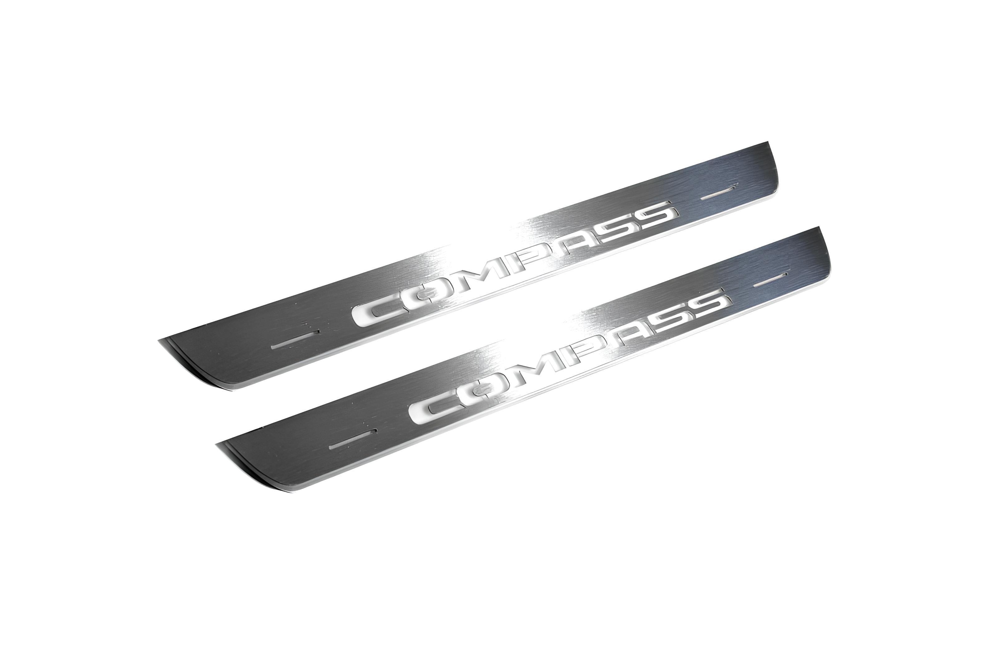 Illuminated LED Door Sill Tread Plates Jeep Compass II 2016+ With Compass Logo Jeep Led Door Sills opdesign