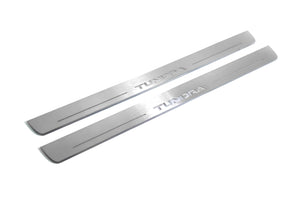 Illuminated LED Door Sill Tread Plates Toyota Tundra III 2014-2021 With Tundra Logo Toyota Led Door Sills opdesign