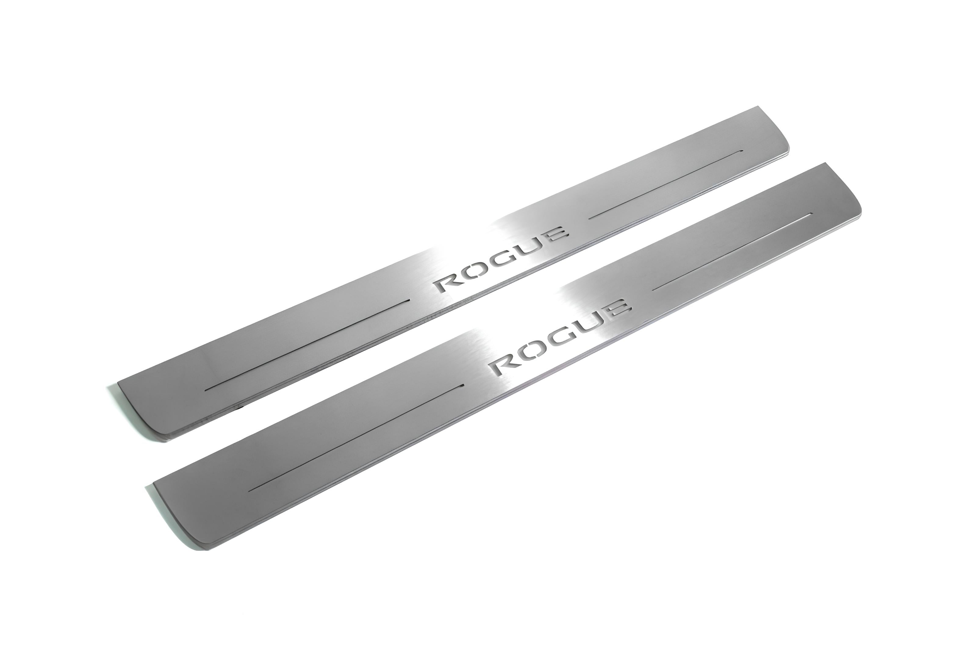 Illuminated LED Door Sill Tread Plates Nissan Rogue II 2014-2020 With Rogue Logo Nissan Led Door Sills opdesign