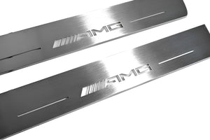 Illuminated LED Door Sill Tread Plates Mercedes E W213 2016-2023 With AMG Logo Mercedes Led Door Sills opdesign
