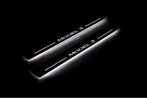 Illuminated LED Door Sill Tread Plates Tesla Model 3 2017+ With Model 3 Logo Tesla Led Door Sills opdesign