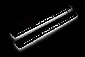 Illuminated LED Door Sill Tread Plates Ford Mustang VI 2015-2023 With Mustang Logo Ford Led Door Sills opdesign