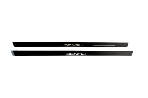 GMC Sierra K2XX 2014–2018 — Stainless Steel LED Door Sills — DENALI Logo