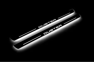 Illuminated LED Door Sill Tread Plates Renault Duster I 2010-2018 With Duster Logo Renault Led Door Sills opdesign