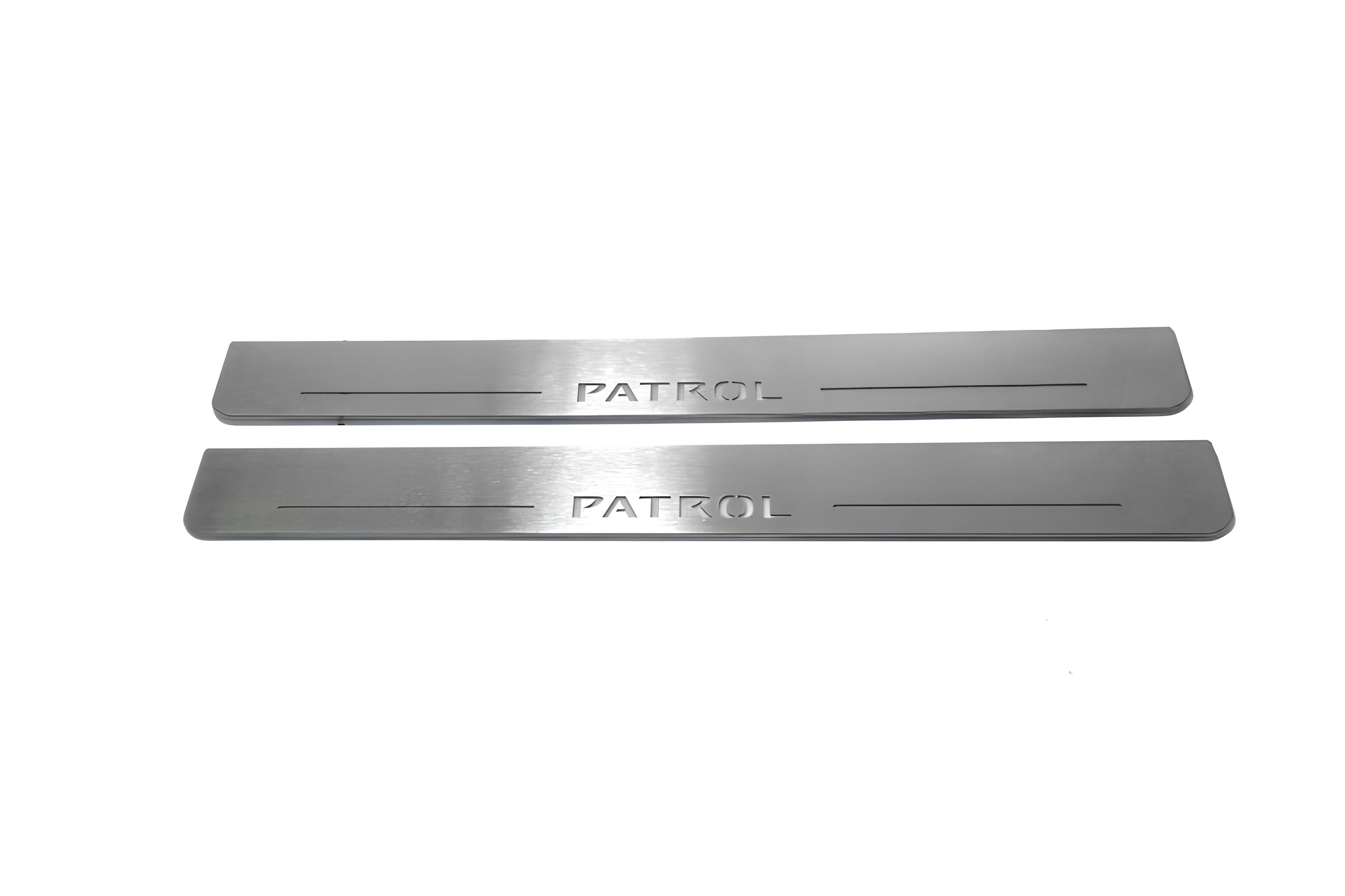 Illuminated LED Door Sill Tread Plates Nissan Patrol Y62 2010+ With Patrol Logo Nissan Led Door Sills opdesign