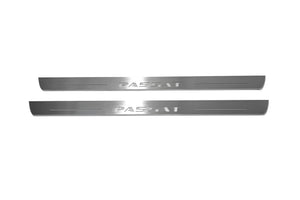 Volkswagen Passat B8 2015+ LED door sill plates in stainless steel with Passat logo