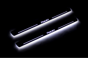 Illuminated LED Door Sill Tread Plates Skoda Rapid 2012+ With Rapid Logo Skoda Led Door Sills opdesign