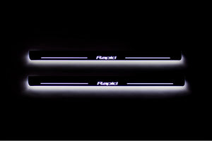 Illuminated LED Door Sill Tread Plates Skoda Rapid 2012+ With Rapid Logo Skoda Led Door Sills opdesign