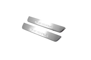 Illuminated LED Door Sill Tread Plates Toyota Tundra III 2014-2021 With Tundra Logo Toyota Led Door Sills opdesign