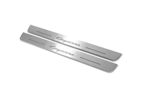 Illuminated LED Door Sill Tread Plates Porsche Cayenne II 2010-2017 With Cayenne Logo Porsche Led Door Sills opdesign