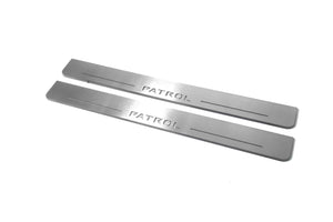 Illuminated LED Door Sill Tread Plates Nissan Patrol Y62 2010+ With Patrol Logo Nissan Led Door Sills opdesign