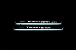 Illuminated LED Door Sill Tread Plates Jeep Grand Cherokee IV 2010-2021 With TrackHawk Supercharged Logo Jeep Led Door Sills opdesign