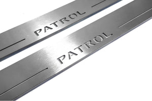 Illuminated LED Door Sill Tread Plates Nissan Patrol Y62 2010+ With Patrol Logo Nissan Led Door Sills opdesign