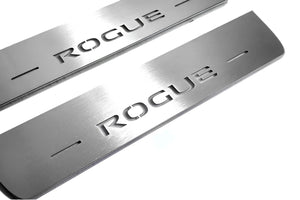 Illuminated LED Door Sill Tread Plates Nissan Rogue II 2014-2020 With Rogue Logo Nissan Led Door Sills opdesign