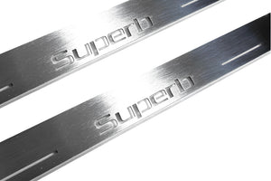 Illuminated LED Door Sill Tread Plates Skoda SuperB II 2008-2015 With SuperB Logo Skoda Led Door Sills opdesign