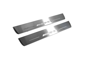 Illuminated LED Door Sill Tread Plates Mercedes E W213 2016-2023 With AMG Logo Mercedes Led Door Sills opdesign