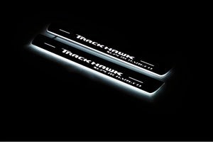 Illuminated LED Door Sill Tread Plates Jeep Grand Cherokee IV 2010-2021 With TrackHawk Supercharged Logo Jeep Led Door Sills opdesign