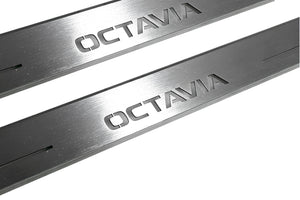 Illuminated LED Door Sill Tread Plates Skoda Octavia IV (A8) 2020+ With Octavia Logo Skoda Led Door Sills opdesign